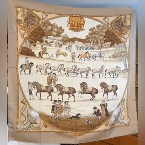 Hermes Equestrian Print Scarf in Brown and Cream